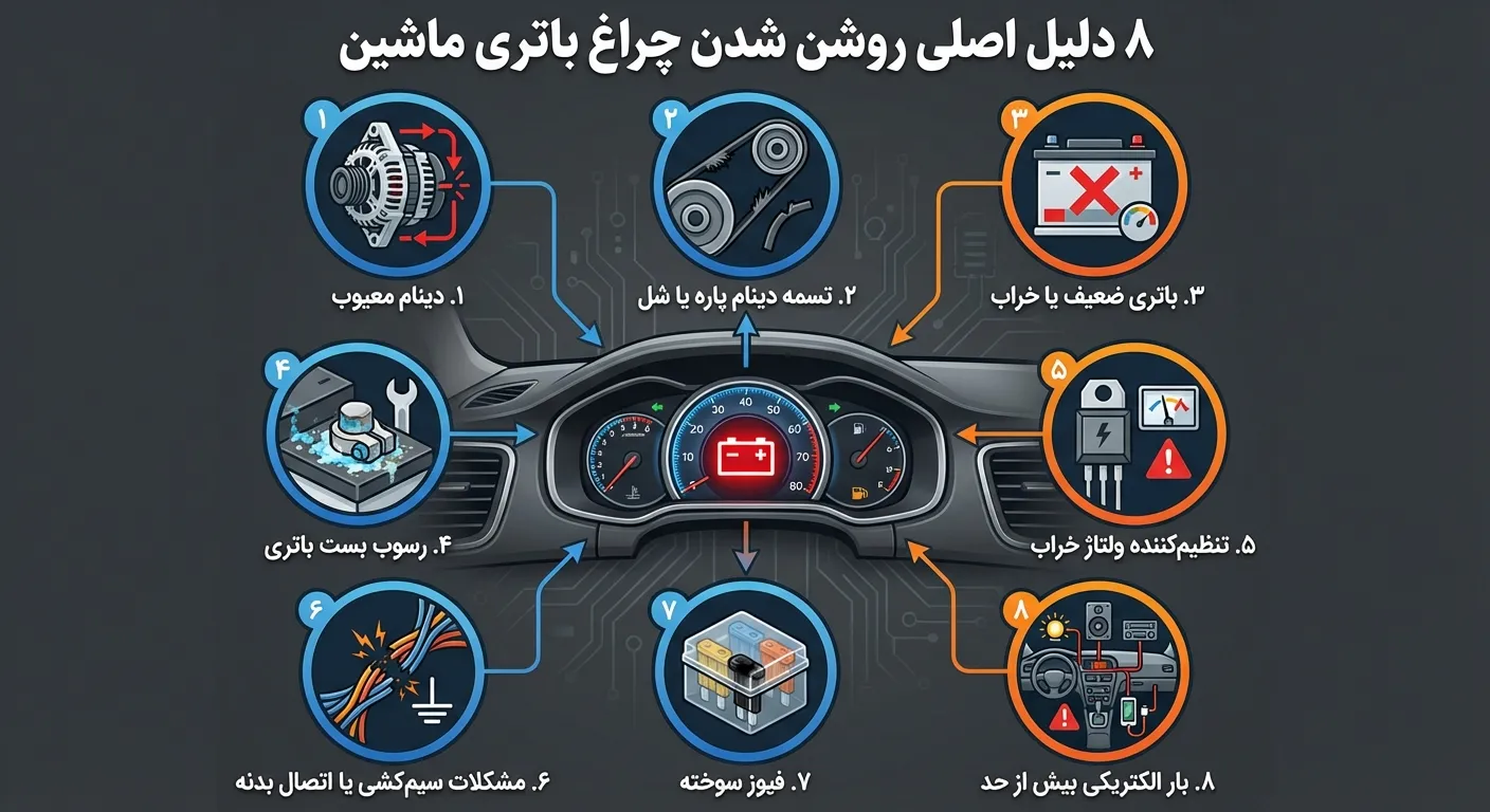 ۸ دلیل اصلی روشن شدن چراغ باتری ماشین