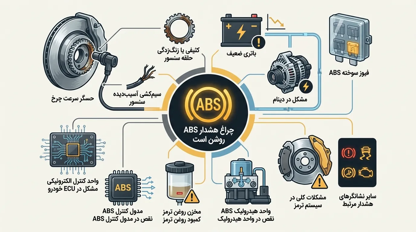 ۱۵ علت اصلی روشن شدن چراغ ABS خودرو به ترتیب احتمال